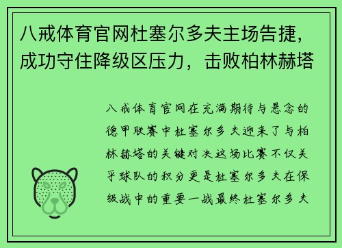 八戒体育官网杜塞尔多夫主场告捷，成功守住降级区压力，击败柏林赫塔 - 副本