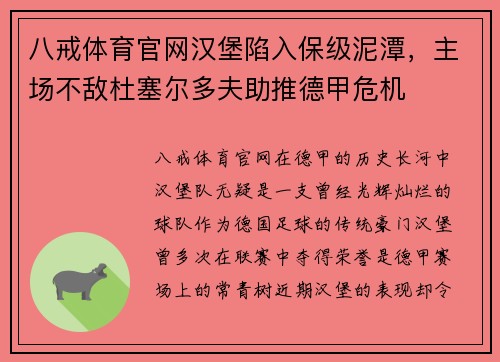 八戒体育官网汉堡陷入保级泥潭，主场不敌杜塞尔多夫助推德甲危机
