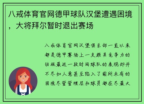 八戒体育官网德甲球队汉堡遭遇困境，大将拜尔暂时退出赛场